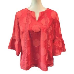 Chico’s Coral Bell Sleeve Blouse Lace Trim Sz 2P (12-14P)